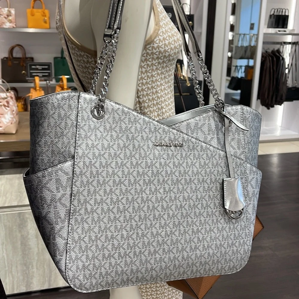Michael Kors Jet Set Travel Large Chained Tote Shoulder Bag MK  Silver  NWT